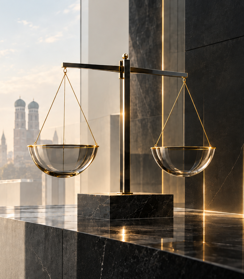 Juristische Waage aus Glas und Messing vor der Münchner Skyline