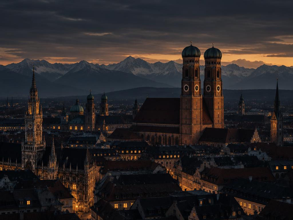 Münchner Skyline mit den Türmen der Frauenkirche in der Abenddämmerung